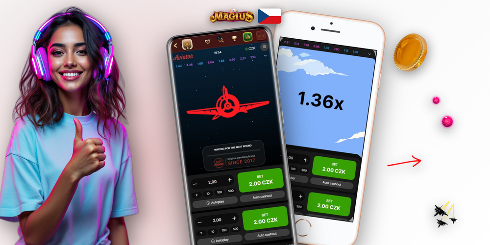 Panoramatická křivka násobitele Aviator v Magius Casino s letadlem a označením 18+