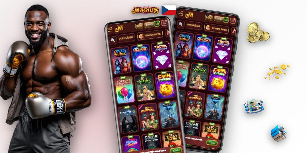 Šťastný hráč s telefonem a logem Magius Casino mobile v pozadí
