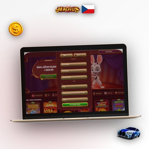 Magius Casino registrace – přihlašovací formulář na notebooku s herními prvky v pozadí