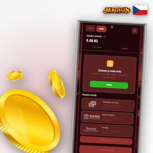 Magius Casino výběr peněz – ikony VISA, Mastercard a kryptoměn na fialovém pozadí